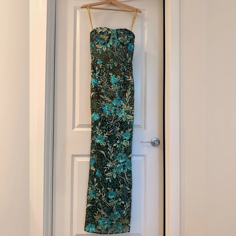 NWOT BRONX AND BANCO Dahlia Teal Multi Maxi Dress, Strapless Floral Gown - Picture 3 of 14